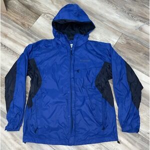 Columbia Jacket Mens‎ Large Blue/Black Packable Hooded Rain Omni-Tech